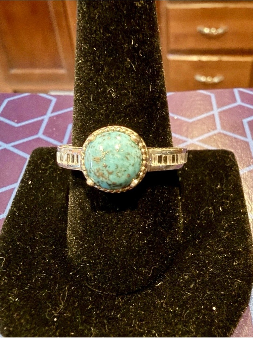 Sterling Silver 925 Ring Blue Cabochon Turquoise Stone with Prong Setting